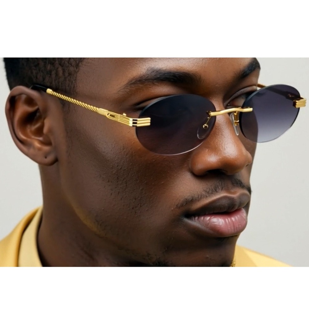 Rimless Sunglasses Oval Gray Black Lens Gold Frame Men's Fashion Eyewear Lentes